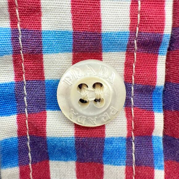 Prada Gingham Print Cotton Button-Down Sleeveless Shirt Top Red/White/Blue US 2 - Picture 6 of 10